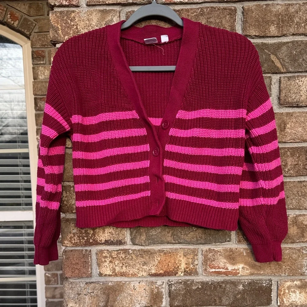 GAP Burgundy & Hot Pink Striped Girls Cropped Cardigan size L (10)